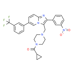 ChemSpider 2D Image | Cyclopropyl[4-({2-(3-nitrophenyl)-6-[3-(trifluoromethyl)phenyl]imidazo[1,2-a]pyridin-3-yl}methyl)-1-piperazinyl]methanone | C29H26F3N5O3