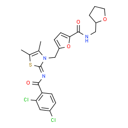 ChemSpider 2D Image | 5-{[(2Z)-2-[(2,4-Dichlorobenzoyl)imino]-4,5-dimethyl-1,3-thiazol-3(2H)-yl]methyl}-N-(tetrahydro-2-furanylmethyl)-2-furamide | C23H23Cl2N3O4S