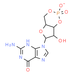 ChemSpider 2D Image | 6-(2-Amino-6-oxo-3,6-dihydro-9H-purin-9-yl)-7-hydroxytetrahydro-4H-furo[3,2-d][1,3,2]dioxaphosphinin-2-olate 2-oxide | C10H11N5O7P