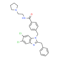 ChemSpider 2D Image | 4-[(2-Benzyl-5,6-dichloro-1H-benzimidazol-1-yl)methyl]-N-[2-(1-pyrrolidinyl)ethyl]benzamide | C28H28Cl2N4O