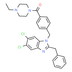 ChemSpider 2D Image | {4-[(2-Benzyl-5,6-dichloro-1H-benzimidazol-1-yl)methyl]phenyl}(4-ethyl-1-piperazinyl)methanone | C28H28Cl2N4O