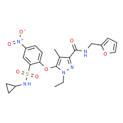 ChemSpider 2D Image | 5-[2-(Cyclopropylsulfamoyl)-4-nitrophenoxy]-1-ethyl-N-(2-furylmethyl)-4-methyl-1H-pyrazole-3-carboxamide | C21H23N5O7S