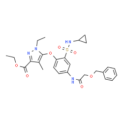 ChemSpider 2D Image | Ethyl 5-[4-{[(benzyloxy)acetyl]amino}-2-(cyclopropylsulfamoyl)phenoxy]-1-ethyl-4-methyl-1H-pyrazole-3-carboxylate | C27H32N4O7S