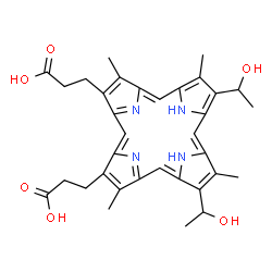 ChemSpider 2D Image | 3-[(4E,10E,14E,19E)-18-(2-carboxyethyl)-8,13-bis(1-hydroxyethyl)-3,7,12,17-tetramethyl-22,23-dihydroporphyrin-2-yl]propanoic acid | C34H38N4O6