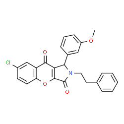 ChemSpider 2D Image | 7-Chloro-1-(3-methoxyphenyl)-2-(2-phenylethyl)-1,2-dihydrochromeno[2,3-c]pyrrole-3,9-dione | C26H20ClNO4