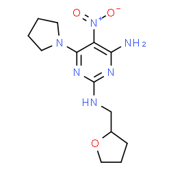 ChemSpider 2D Image | 5-Nitro-6-(1-pyrrolidinyl)-N~2~-(tetrahydro-2-furanylmethyl)-2,4-pyrimidinediamine | C13H20N6O3