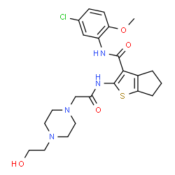 ChemSpider 2D Image | N-(5-Chloro-2-methoxyphenyl)-2-({[4-(2-hydroxyethyl)-1-piperazinyl]acetyl}amino)-5,6-dihydro-4H-cyclopenta[b]thiophene-3-carboxamide | C23H29ClN4O4S