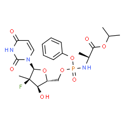 ChemSpider 2D Image | Isopropyl (2S)-2-{[{[(2R,3R,4R,5S)-5-(2,4-dioxo-3,4-dihydro-1(2H)-pyrimidinyl)-4-fluoro-3-hydroxy-4-methyltetrahydro-2-furanyl]methoxy}(phenoxy)phosphoryl]amino}propanoate | C22H29FN3O9P