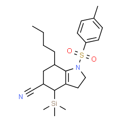 ChemSpider 2D Image | 7-Butyl-1-[(4-methylphenyl)sulfonyl]-4-(trimethylsilyl)-2,3,4,5,6,7-hexahydro-1H-indole-5-carbonitrile | C23H34N2O2SSi