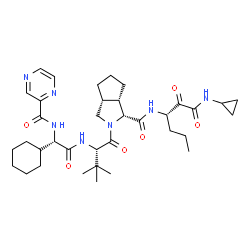 ChemSpider 2D Image | (1R,3aR,6aS)-2-[(2S)-2-({(2S)-2-Cyclohexyl-2-[(2-pyrazinylcarbonyl)amino]acetyl}amino)-3,3-dimethylbutanoyl]-N-[(3S)-1-(cyclopropylamino)-1,2-dioxo-3-hexanyl]octahydrocyclopenta[c]pyrrole-1-carboxamid
e | C36H53N7O6