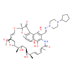 ChemSpider 2D Image | (7R,9E,11S,12R,13S,14R,15R,16S,17S,18R,19E)-26-{(E)-[(4-Cyclopentyl-1-piperazinyl)imino]methyl}-2,15,17,27,29-pentahydroxy-11-methoxy-3,7,12,14,16,18,22-heptamethyl-6,23-dioxo-8,30-dioxa-24-azatetracy
clo[23.3.1.1~4,7~.0~5,28~]triaconta-1(28),2,4,9,19,21,25(29),26-octaen-13-yl acetate | C47H64N4O12