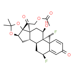 ChemSpider 2D Image | 2-[(4aS,4bS,5R,6aS,6bR,9aR,10aS,10bS,12S)-4b,12-Difluoro-5-hydroxy-4a,6a,8,8-tetramethyl-2-oxo-2,4a,4b,5,6,6a,9a,10,10a,10b,11,12-dodecahydro-6bH-naphtho[2',1':4,5]indeno[1,2-d][1,3]dioxol-6b-yl]-2-ox
oethyl acetate | C26H32F2O7