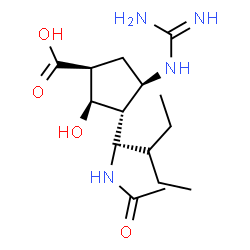 ChemSpider 2D Image | (1S,2R,3R,4R)-3-[(1S)-1-Acetamido-2-ethylbutyl]-4-carbamimidamido-2-hydroxycyclopentanecarboxylic acid | C15H28N4O4