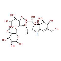 ChemSpider 2D Image | 4,6-Dideoxy-4-{[(1S,4R,5S,6R)-4,5,6-trihydroxy-3-(hydroxymethyl)-2-cyclohexen-1-yl]amino}-beta-L-idopyranosyl-(1->4)-beta-L-idopyranosyl-(1->4)-alpha-L-idopyranose | C25H43NO18