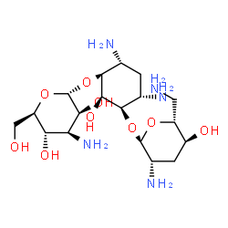 ChemSpider 2D Image | (1R,2R,3S,4R,6S)-4,6-Diamino-3-[(3-amino-3-deoxy-alpha-D-mannopyranosyl)oxy]-2-hydroxycyclohexyl 2,6-diamino-2,3,6-trideoxy-alpha-D-arabino-hexopyranoside | C18H37N5O9