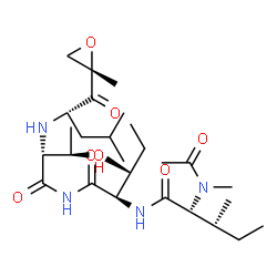 ChemSpider 2D Image | N-Acetyl-N-methyl-D-alloisoleucyl-N-[(2R,3R)-3-hydroxy-2-({(2S)-4-methyl-1-[(2S)-2-methyl-2-oxiranyl]-1-oxo-2-pentanyl}amino)butanoyl]-D-alloisoleucinamide | C28H50N4O7