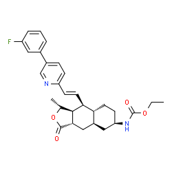 ChemSpider 2D Image | Ethyl [(1R,3aS,4aR,6R,8aR,9S,9aS)-9-{(E)-2-[5-(3-fluorophenyl)-2-pyridinyl]vinyl}-1-methyl-3-oxododecahydronaphtho[2,3-c]furan-6-yl]carbamate | C29H33FN2O4