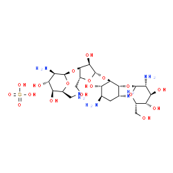 ChemSpider 2D Image | (1R,2R,3S,4R,6R)-4,6-Diamino-2-{[3-O-(2,6-diamino-2,6-dideoxy-beta-L-idopyranosyl)-beta-D-ribofuranosyl]oxy}-3-hydroxycyclohexyl 2-amino-2-deoxy-beta-L-idopyranoside sulfate (1:1) | C23H47N5O18S
