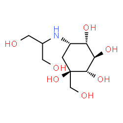 ChemSpider 2D Image | (1R,2S,3R,4S,5S)-5-[(1,3-Dihydroxy-2-propanyl)amino]-1-(hydroxymethyl)-1,2,3,4-cyclohexanetetrol | C10H21NO7