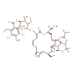 ChemSpider 2D Image | (2R,3S,4S,5S,6R)-6-({(3E,5Z,8S,9E,11S,12S,15E,18R)-12-{[(2R,3R,4R,5S)-3,4-Dihydroxy-5-(isobutyryloxy)-6,6-dimethyltetrahydro-2H-pyran-2-yl]oxy}-11-ethyl-8-hydroxy-18-[(1R)-1-hydroxyethyl]-9,13,15-trim
ethyl-2-oxooxacyclooctadeca-3,5,9,13,15-pentaen-3-yl}methoxy)-4-hydroxy-5-methoxy-2-methyltetrahydro-2H-pyran-3-yl 3,5-dichloro-2-ethyl-4,6-dihydroxybenzoate | C52H74Cl2O18