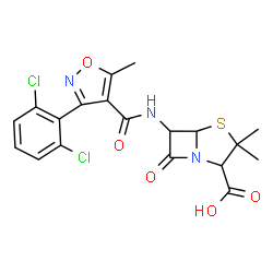 ChemSpider 2D Image | 6-(3-(2,6-Dichlorophenyl)-5-methyl-4-isoxazolecarboxamido)-3,3-dimethyl-7-oxo-4-thia-1-azabicyclo(3.2.0)heptane-2-carboxylic acid | C19H17Cl2N3O5S