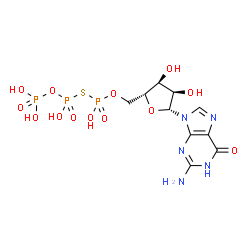 ChemSpider 2D Image | 5'-O-(Hydroxy{[hydroxy(phosphonooxy)phosphoryl]sulfanyl}phosphoryl)guanosine | C10H16N5O13P3S