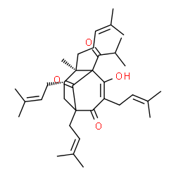 ChemSpider 2D Image | (6R,7S)-4-Hydroxy-5-isobutyryl-6-methyl-1,3,7-tris(3-methyl-2-buten-1-yl)-6-(4-methyl-3-penten-1-yl)bicyclo[3.3.1]non-3-ene-2,9-dione | C35H52O4