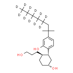 ChemSpider 2D Image | 2-[(1R,2R,5R)-5-Hydroxy-2-(3-hydroxypropyl)cyclohexyl]-5-[2-methyl(4,4,5,5,6,6,7,7,8,8,8-~2~H_11_)-2-octanyl]phenol | C24H29D11O3