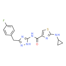 ChemSpider 2D Image | 2-(Cyclopropylamino)-N-[3-(4-fluorobenzyl)-1H-1,2,4-triazol-5-yl]-1,3-thiazole-4-carboxamide | C16H15FN6OS