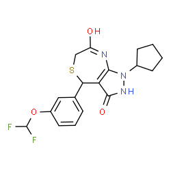 ChemSpider 2D Image | 1-Cyclopentyl-4-[3-(difluoromethoxy)phenyl]-4,8-dihydro-1H-pyrazolo[3,4-e][1,4]thiazepine-3,7(2H,6H)-dione | C18H19F2N3O3S