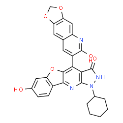 ChemSpider 2D Image | 1-Cyclohexyl-7-hydroxy-4-(6-oxo-5,6-dihydro[1,3]dioxolo[4,5-g]quinolin-7-yl)-1,2-dihydro-3H-[1]benzofuro[3,2-b]pyrazolo[4,3-e]pyridin-3-one | C28H22N4O6