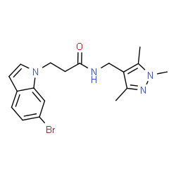 ChemSpider 2D Image | 3-(6-Bromo-1H-indol-1-yl)-N-[(1,3,5-trimethyl-1H-pyrazol-4-yl)methyl]propanamide | C18H21BrN4O