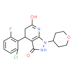 ChemSpider 2D Image | 4-(2-Chloro-6-fluorophenyl)-1-(tetrahydro-2H-pyran-4-yl)-4,7-dihydro-1H-pyrazolo[3,4-b]pyridine-3,6(2H,5H)-dione | C17H17ClFN3O3