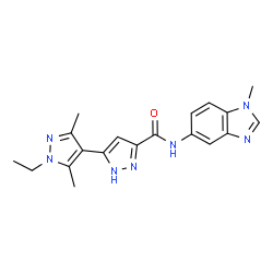 ChemSpider 2D Image | 1'-Ethyl-3',5'-dimethyl-N-(1-methyl-1H-benzimidazol-5-yl)-1'H,2H-3,4'-bipyrazole-5-carboxamide | C19H21N7O