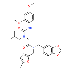 ChemSpider 2D Image | N-(1,3-Benzodioxol-5-ylmethyl)-N~2~-[(2,4-dimethoxyphenyl)carbamoyl]-N~2~-isobutyl-N-[(5-methyl-2-furyl)methyl]glycinamide | C29H35N3O7