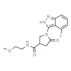 ChemSpider 2D Image | 1-(4-Fluoro-2H-indazol-3-yl)-N-(2-methoxyethyl)-5-oxo-3-pyrrolidinecarboxamide | C15H17FN4O3