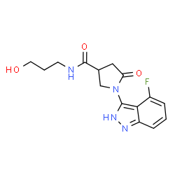 ChemSpider 2D Image | 1-(4-Fluoro-2H-indazol-3-yl)-N-(3-hydroxypropyl)-5-oxo-3-pyrrolidinecarboxamide | C15H17FN4O3