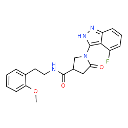 ChemSpider 2D Image | 1-(4-Fluoro-2H-indazol-3-yl)-N-[2-(2-methoxyphenyl)ethyl]-5-oxo-3-pyrrolidinecarboxamide | C21H21FN4O3