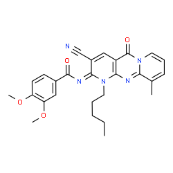 ChemSpider 2D Image | N-[(2E)-3-Cyano-10-methyl-5-oxo-1-pentyl-1,5-dihydro-2H-dipyrido[1,2-a:2',3'-d]pyrimidin-2-ylidene]-3,4-dimethoxybenzamide | C27H27N5O4