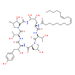 ChemSpider 2D Image | (9Z,12Z)-N-{(2R,6S,11R,12R,14aR,15S,16S,20S,23S,25aS)-2,11,12,15-Tetrahydroxy-6,20-bis[(1R)-1-hydroxyethyl]-23-[(1R)-1-hydroxy-2-(4-hydroxyphenyl)ethyl]-16-methyl-5,8,14,19,22,25-hexaoxotetracosahydro
-1H-dipyrrolo[2,1-c:2',1'-l][1,4,7,10,13,16]hexaazacyclohenicosin-9-yl}-9,12-octadecadienamide | C52H81N7O15