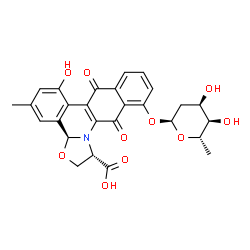 ChemSpider 2D Image | (1S,3aS)-12-[(2,6-Dideoxy-alpha-L-ribo-hexopyranosyl)oxy]-7-hydroxy-5-methyl-8,13-dioxo-1,2,8,13-tetrahydro-3aH-benzo[b][1,3]oxazolo[3,2-f]phenanthridine-1-carboxylic acid | C27H25NO10