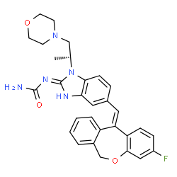 ChemSpider 2D Image | 1-{5-[(E)-(3-Fluorodibenzo[b,e]oxepin-11(6H)-ylidene)methyl]-1-[(2R)-1-(4-morpholinyl)-2-propanyl]-1H-benzimidazol-2-yl}urea | C30H30FN5O3