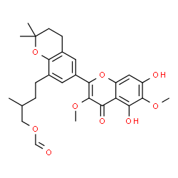 ChemSpider 2D Image | 4-(5,7-Dihydroxy-3,6-dimethoxy-2',2'-dimethyl-4-oxo-3',4'-dihydro-2'H,4H-2,6'-bichromen-8'-yl)-2-methylbutyl formate | C28H32O9