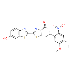 ChemSpider 2D Image | 1-(4,5-Dimethoxy-2-nitrophenyl)ethyl (4R)-2-(6-hydroxy-1,3-benzothiazol-2-yl)-4,5-dihydro-1,3-thiazole-4-carboxylate | C21H19N3O7S2