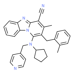 ChemSpider 2D Image | 1-[Cyclopentyl(4-pyridinylmethyl)amino]-3-methyl-2-(2-methylbenzyl)pyrido[1,2-a]benzimidazole-4-carbonitrile | C32H31N5