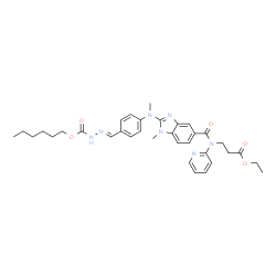 ChemSpider 2D Image | Ethyl N-({2-[{4-[(E)-{[(hexyloxy)carbonyl]hydrazono}methyl]phenyl}(methyl)amino]-1-methyl-1H-benzimidazol-5-yl}carbonyl)-N-2-pyridinyl-beta-alaninate | C34H41N7O5