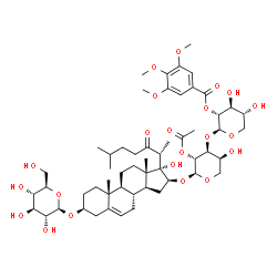 ChemSpider 2D Image | (3beta,16beta,20R)-16-({2-O-Acetyl-3-O-[2-O-(3,4,5-trimethoxybenzoyl)-beta-D-xylopyranosyl]-alpha-L-arabinopyranosyl}oxy)-17-hydroxy-22-oxocholest-5-en-3-yl beta-D-glucopyranoside | C55H82O22