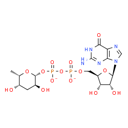 ChemSpider 2D Image | [[(2R,3S,4R,5R)-5-(2-amino-6-oxo-1H-purin-9-yl)-3,4-dihydroxy-tetrahydrofuran-2-yl]methoxy-oxido-phosphoryl] [(2R,3S,5S,6S)-3,5-dihydroxy-6-methyl-tetrahydropyran-2-yl] phosphate | C16H23N5O14P2