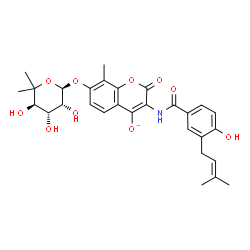 ChemSpider 2D Image | 3-{[4-Hydroxy-3-(3-methyl-2-buten-1-yl)benzoyl]amino}-8-methyl-2-oxo-7-{[(2R,3R,4R,5R)-3,4,5-trihydroxy-6,6-dimethyltetrahydro-2H-pyran-2-yl]oxy}-2H-chromen-4-olate | C29H32NO10