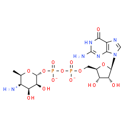 ChemSpider 2D Image | [[(2R,3S,4R,5R)-5-(2-amino-6-oxo-1H-purin-9-yl)-3,4-dihydroxy-tetrahydrofuran-2-yl]methoxy-oxido-phosphoryl] [(2R,3S,4S,5S,6R)-5-azaniumyl-3,4-dihydroxy-6-methyl-tetrahydropyran-2-yl] phosphate | C16H25N6O14P2